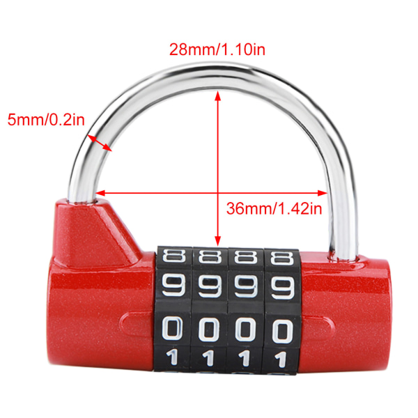 4-numeroinen numerokoodilukko matkalaukulle, kuntosalin kaapille, turvallinen salasanalukko, punainen