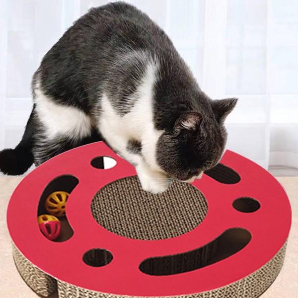 Cat Scratcher Pad leketøy 3 i 1 interaktivt fortykket rund bølgepapp for kattunge skrapeleke med klokkeball Red