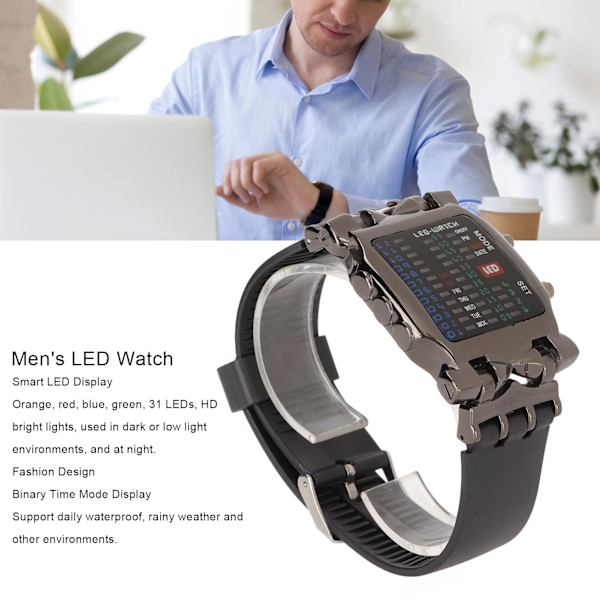 Herr LED-klocka Klassisk mode herr rektangulär klocka med binär tidsläge display för affärsdaglig användning (svart skal svart bälte )