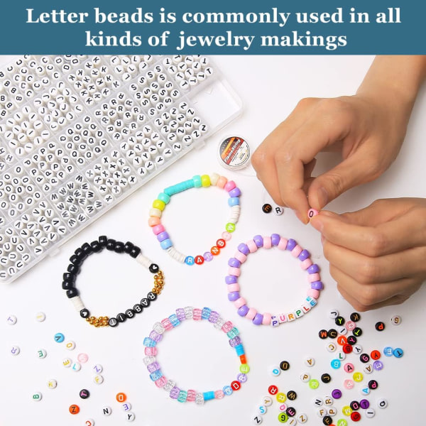 Perler, bokstavperler, alfabetperler i 28 rutenettboks (4 x 7 mm (runde perler, 1 mm hull), hvite bokstaver og svart bunn)