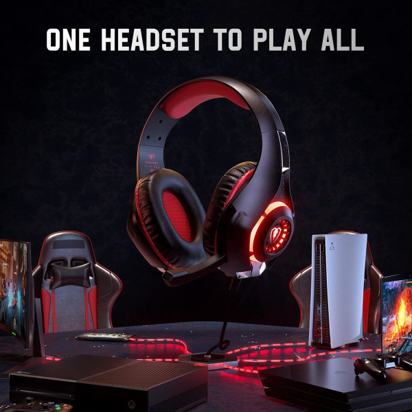 Gaming-headset til PS4 PS5 Xbox One Switch-pc med støjreducerende mikrofon, dyb bas stereolyd (sort rød)-1 Black Red