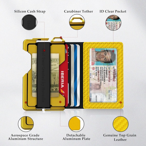 Taktisk minimalistisk lommebok for menn, slank RFID-blokkerende metallkortholder, frontlommemeny 2019s skinn, tofoldet lommebok med pengeklemme Carbon Fiber Yellow