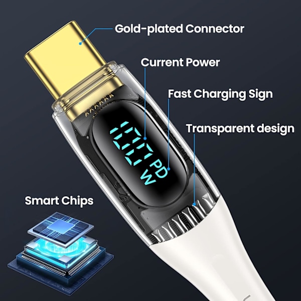 USB-C till Multiladdningskabel, USAMS 100W 4FT 5A Typ C till Typ C Snabbladdningskabel med LED-display 5-i-1 C/A till C/Micro/IP Synkroniseringsladdningsadapter White 2m