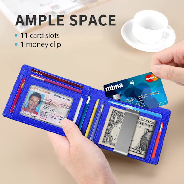 Smal Pengklämma Plånbok för Män RFID-Blockering 11 Kortplatser Minimalistisk Liten Läder Plånbok för Män Frontficka Presentask Carbon Black n Blue
