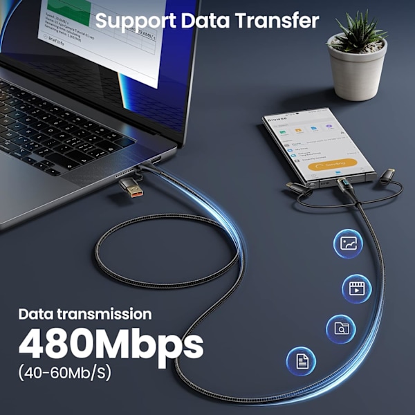 USB-C till Multiladdningskabel, USAMS 100W 4FT 5A Typ C till Typ C Snabbladdningskabel med LED-display 5-i-1 C/A till C/Micro/IP Synkroniseringsladdningsadapter Black 2m