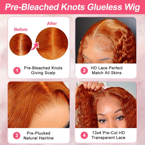 Wear and Go Glueless Ginger Orange Peruker Mänskligt Hår Förplucked Förklippt 13x4 HD Spetslugn Peruker Mänskligt Hår Deep Wave Spetsfront Peruker Mänskligt Hår 14inc 14 Inch