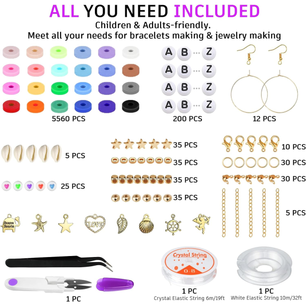 6000 leireperler armbåndssett, 24 farger flate preppy-perler for vennskapsarmbånd, polymerleireperler med sjarm for smykkefremstilling, håndverk