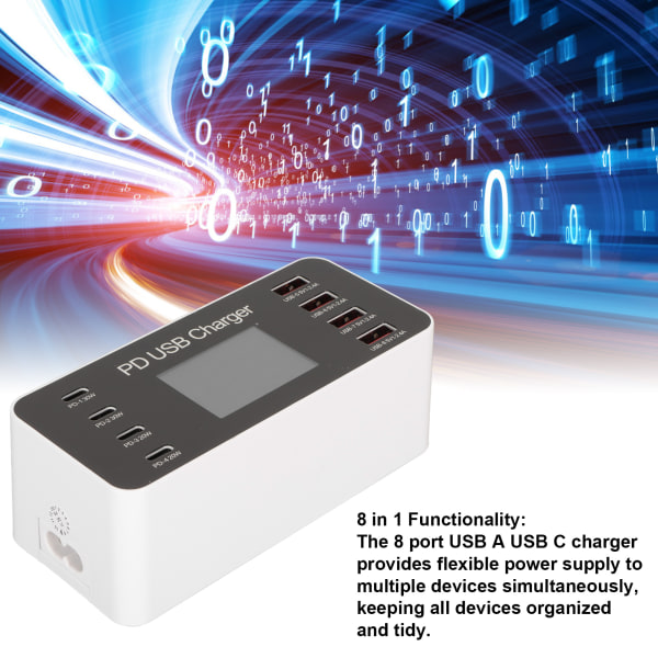 USB-ladestasjon 65W Hub 8 porter USB A USB C PD Rask Multi-lading Dock Kretsbeskyttelse 100‑240V for telefoner nettbrett EU-plugg