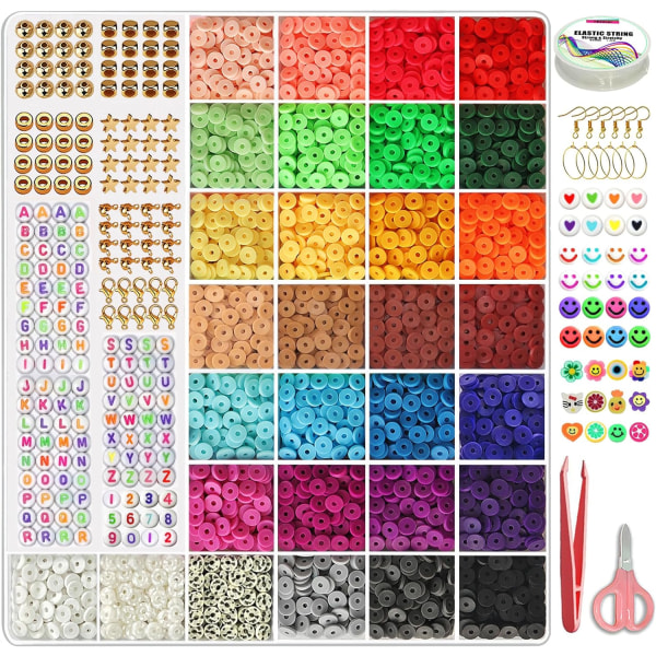 7200 stk leireperler for armbåndfremstillingssett, 30 farger avstandsstykke Heishi-perler, flate runde polymerleireperler med smykkefremstillingsutstyr, perler, håndverksgave