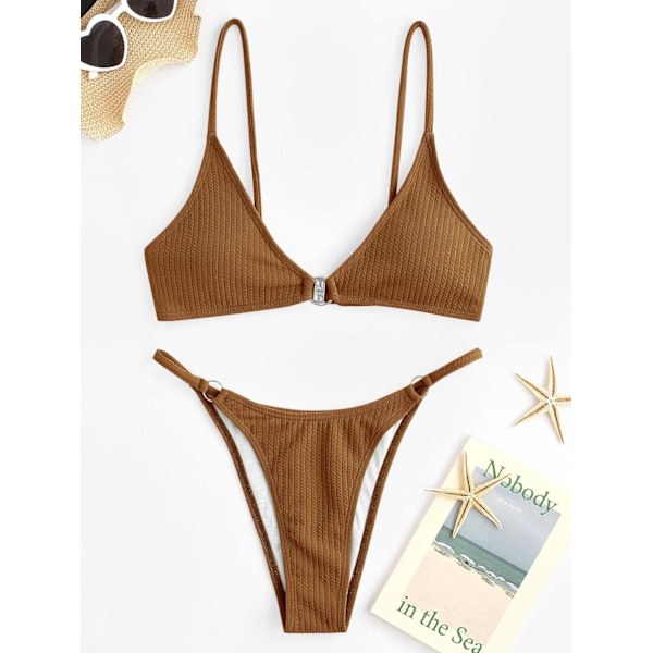 WJSM Dam Ribbade O-Ring String Bikini Badkläder Cheeky Trosa Baddräkt Två Delar 338_brown M