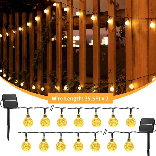 Solar String Lights Outdoor 200 LED 72FT Vanntett, Crystal Globe Lights med 8 lysmoduser, solcelledrevet uteplass lys for hagegård veranda ons Warm White72FT