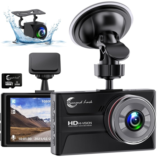 1080P Dash Cam fram och bak med 32 GB SD-kort, Dual Dash Camera för bilar, 3” IPS Display Dashcam med Type-C Port, WDR, G-Sensor, Loop Recording, 24H T
