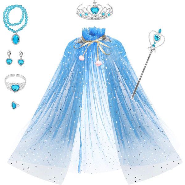Princess Cape Set 7 delar Flickor Princess Cape med Tiara Crown, Wand för små flickor Klä upp Blue