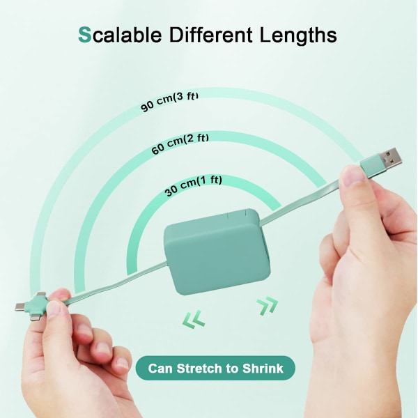 2-pack 3-i-1 Multi Retraktil Laddningskabel, 3-i-1 Laddningskabel Rulle, Multi Retraktil USB-Laddningskabel med Micro USB IP Typ C-kontakter Blue+Green