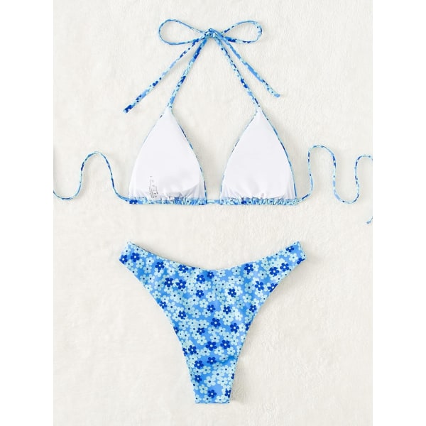 WJSM Dam Badkläder Kvinnor Halterneck Slipsida Triangel Bikini Set Hög Skuren 2 Delad Bikini Baddräkt Blue Floral M