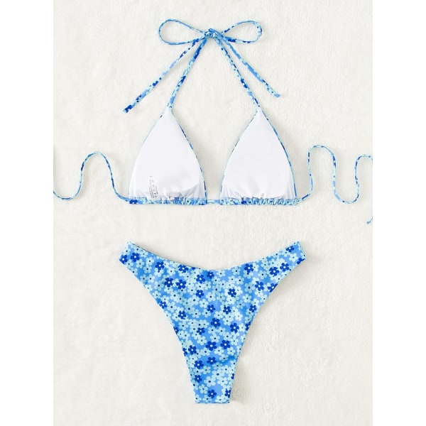 WJSMWomen's Halter Tie Side Triangle Bikini Sæt højskåret 2-delt Bikini Badedragt Badedragt Blue Floral L
