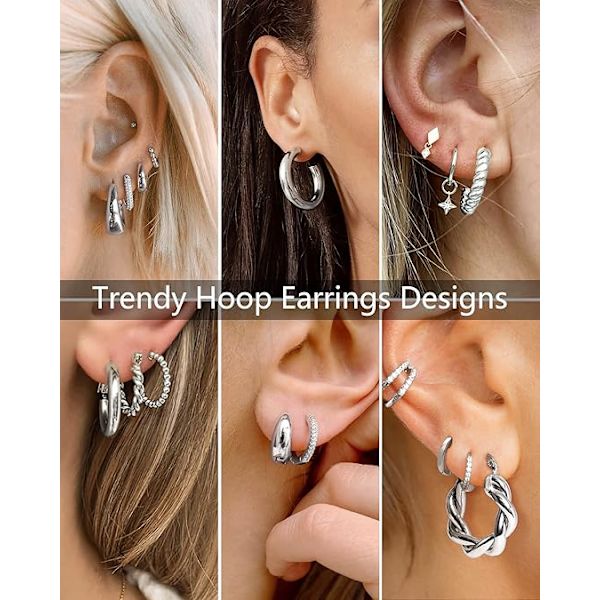 5 st Sliver Hoop Örhängen Set för Kvinnor Sliverpläterade Chunky Hoops Twisted Huggie Hoop Örhängen för Present Lättviktiga