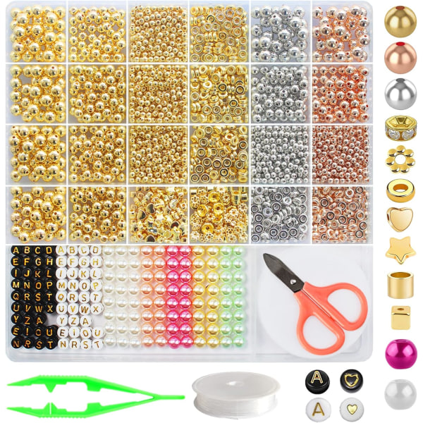 2400 st guldpärlor för armbandstillverkning, set med guldpärlor för smyckenstillverkning, present till flickor