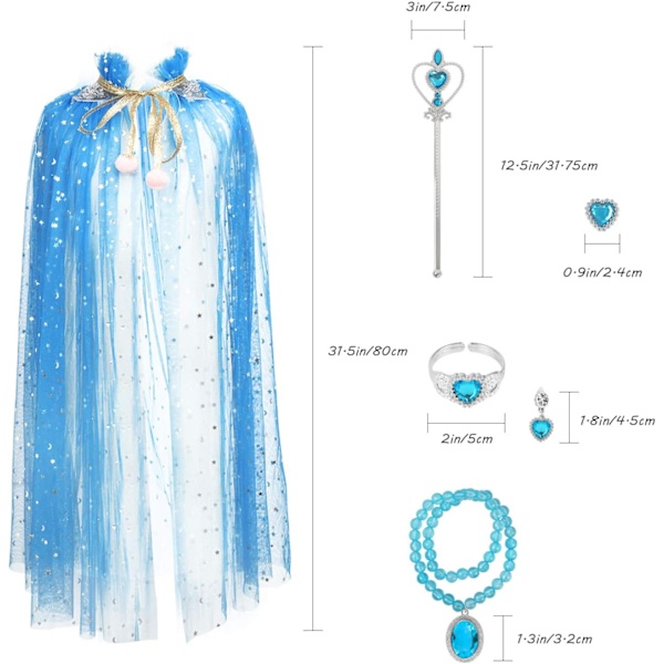 Prinsessekappe-sett 7 deler Jenter Prinsessekappe med Tiara Krone, Tryllestav for Småjenter Kle seg ut Blue