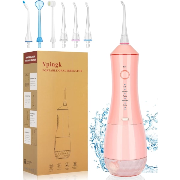 Vandtandtandtandtænderengøring, ledningsfri bærbar vandtandtandstikker Power 6-tilstand USB genopladelig 320 ml oral irrigator Pink til kvinder tænder