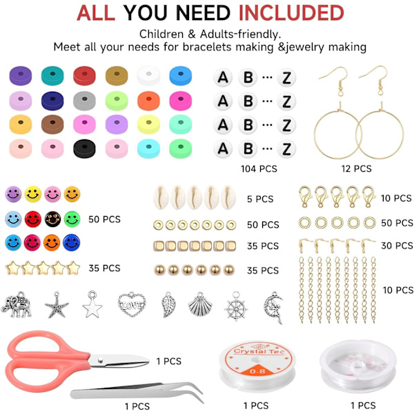 6000 Stk. 24 Farver Polymer Lerperler Armbåndsfremstillingskit, Venskabsarmbånds Kit, 6mm Heishi Perler til Smykkefremstilling med Charms, Gaver til Teen Piger