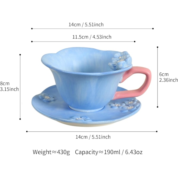 Blomstrede tekopper og underkopper, sødt kaffekrus i keramik til kvinder, teselskab, cappuccino, latte, mælk Blue