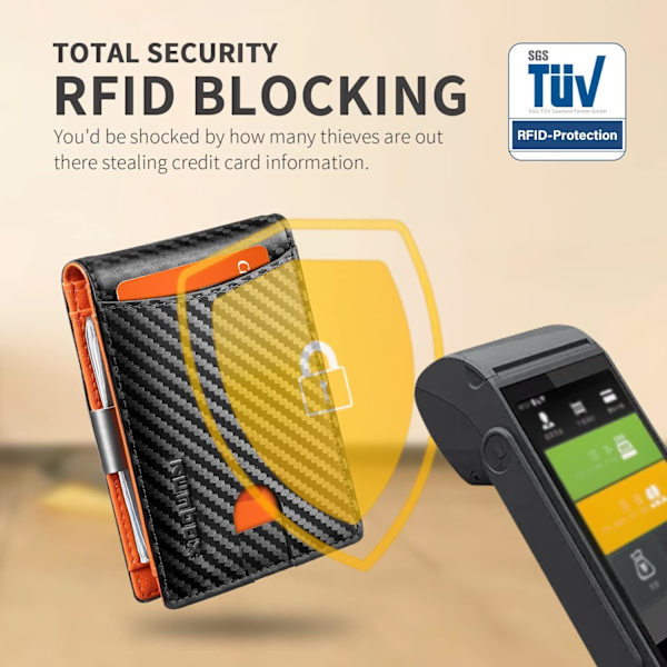 Smal Pengklämma Plånbok för Män RFID-Blockering 11 Kortplatser Minimalistisk Liten Läder Plånbok för Män Frontficka Presentask Carbon Black n Orange