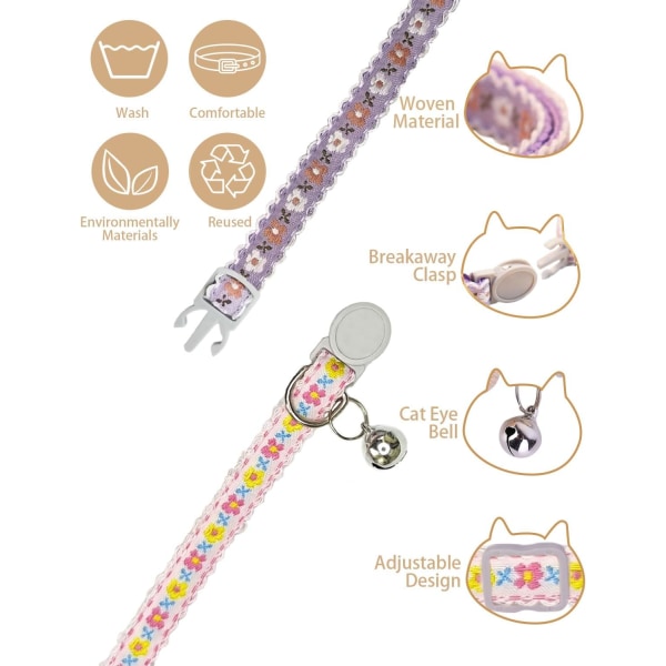 Cute Flower Embroidery Breakaway Kitten Collar with Bells,Cat Collars for Boy Cats and Girl Cats - Adjustable (6.7-12.2 inches) (Pink & Purple)