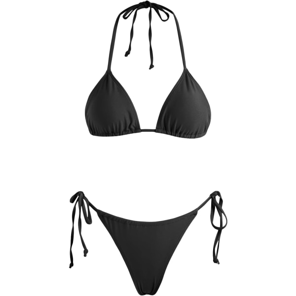 WJSM Kvinners Trekant Bikini String Badetøy Trykk Bånd Smocked Rynket Todelt Badetøysett Black1 M