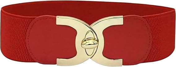 Dame bredt elastisk vintage taljebælte | Strækbart læder taljebælte med guldmetal interlock-spænde | Mode retro damebælte red