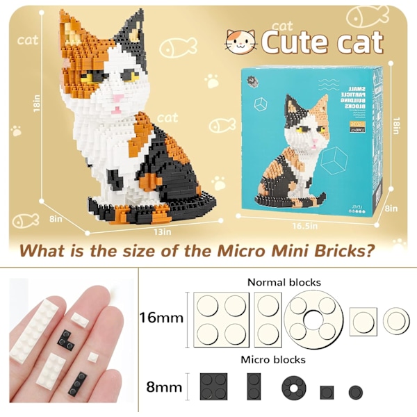 Kat Mini Byggeklodser Søde Dyr Sæt til Goodie Bags, 1300 STK Mikro Mini Byggelegetøj DIY 3D Mursten Sæt til Voksne, Fødselsdagsgave til Drenge Piger