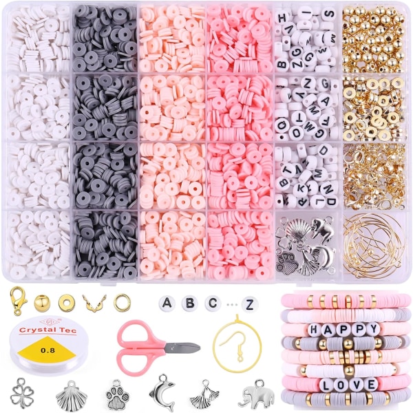 3500 st Rosa grå lerpärlor Kit för armbandstillverkning, Polymer Heishi-pärlor för smyckestillverkning, Friendship Armband Kit för flickor Vuxna, Spacer Let Pink&Gray