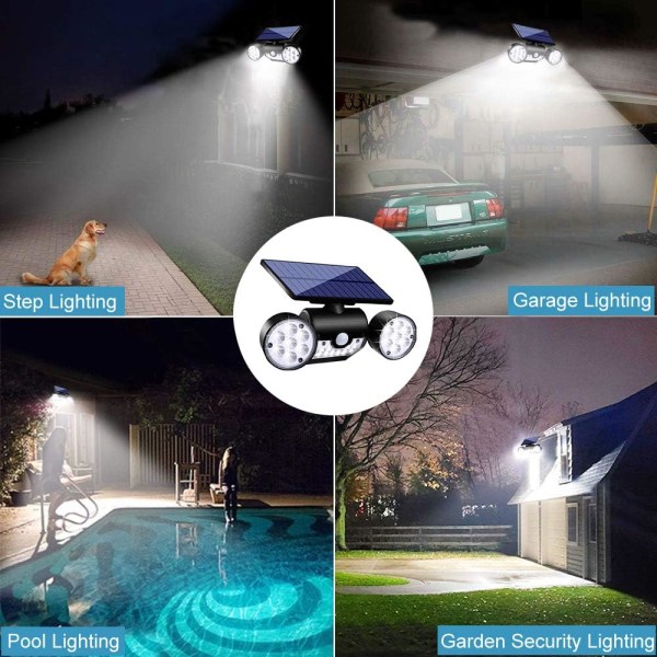 Solcellelamper Utendørs, Bevegelsessensor Sikkerhetslamper Solcelle Vegglamper med Dobbelt Hodet Spotlight LED Vanntett 360° Justerbare Solcelle Bevegelseslamper 1 Pack