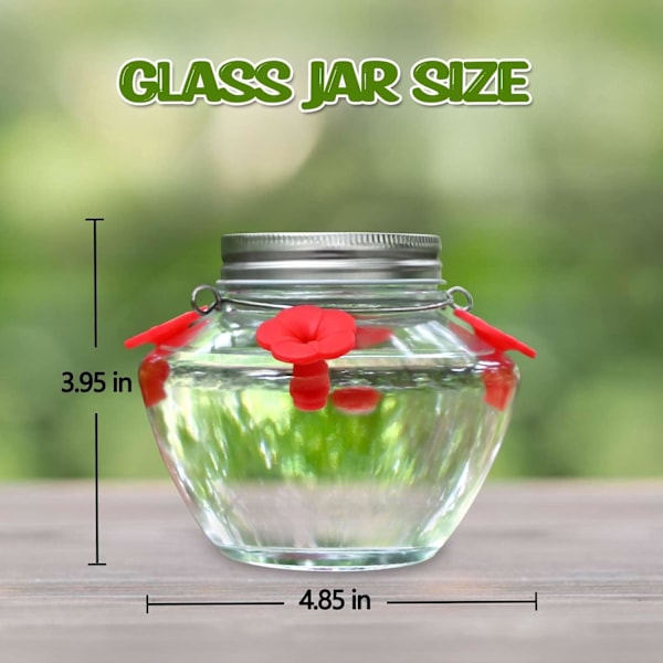 Mason Jar Kolibri Foder til Udendørs Ophængning, Glas Kolibri Foder med 4 Foderporte, Topfyldning Lækagesikker Design Nem at Bruge og Rengøre