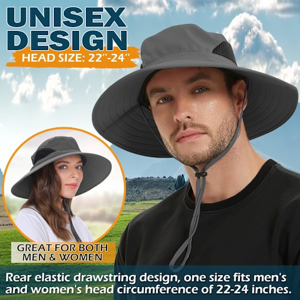 Unisex Solhatt, Vattentät Bredbrättad Bucket Hat Packbar Boonie Hat för Fiske Vandring Trädgårdsskötsel Safari Strand Dark Grey