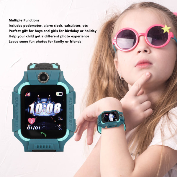 Barnetelefonklokke HD berøringsskjerm GPS-posisjonering SOS Vanntett Barneklokke med skritteller Cam Alarmklokke Blue