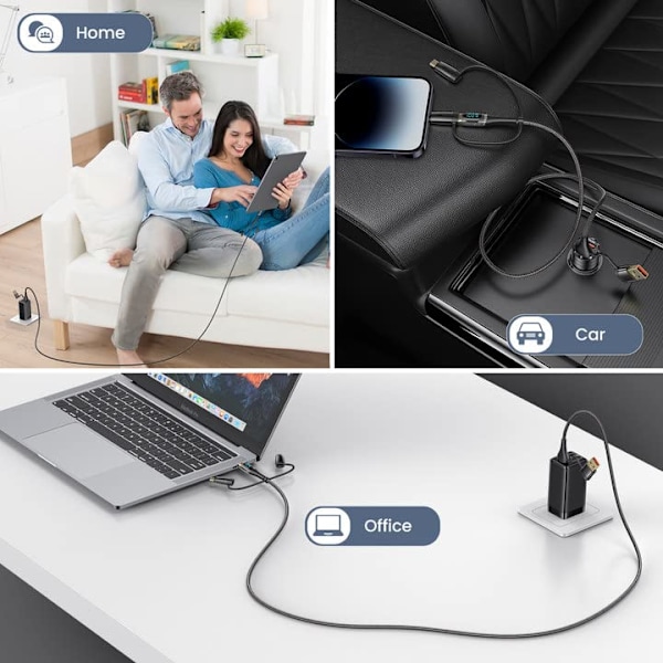 USB-C till Multiladdningskabel, USAMS 100W 4FT 5A Typ C till Typ C Snabbladdningskabel med LED-display 5-i-1 C/A till C/Micro/IP Synkroniseringsladdningsadapter Black 2m