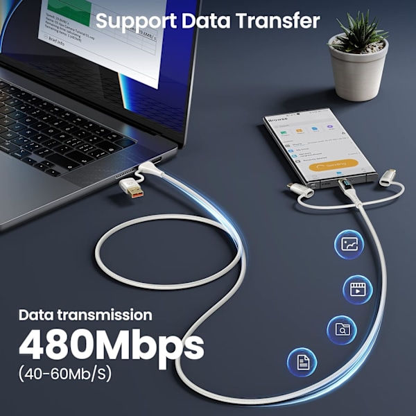 USB-C till Multiladdningskabel, USAMS 100W 4FT 5A Typ C till Typ C Snabbladdningskabel med LED-display 5-i-1 C/A till C/Micro/IP Synkroniseringsladdningsadapter White 2m