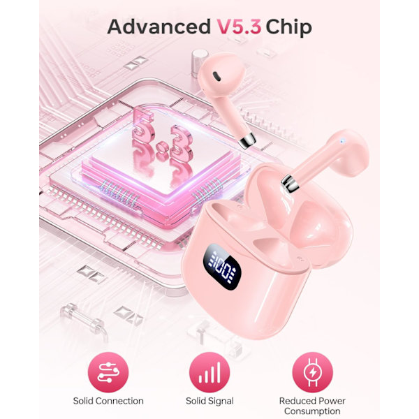Langattomat kuulokkeet, Bluetooth 5.3 kuulokkeet 40 tunnin soittoaika latauskotelolla, IPX5 vedenkestävä stereokuulokkeet mikrofonilla iOS:lle ja Androidille Pink