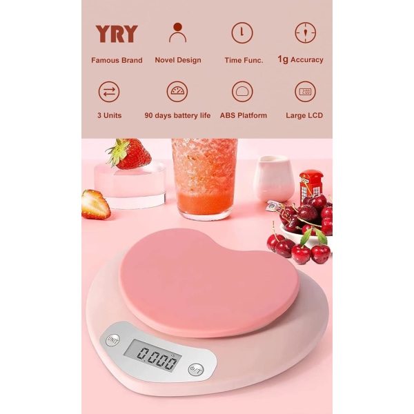 Rosa köksvåg - stor LCD-skärm, tarafunktion, 11 lbs kapacitet, 0,03 oz exakt gradering - perfekt matvåg för bakning och matlagning, ML & Oz Unit fo