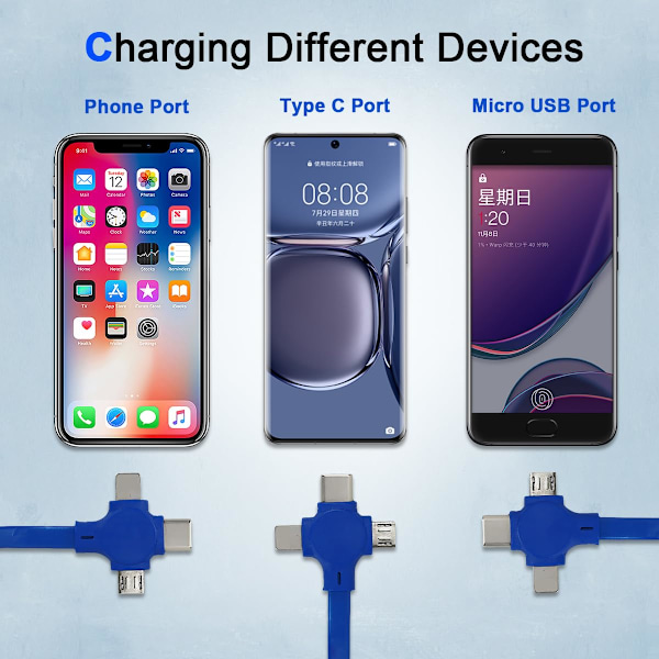 2-pack 3-i-1 Multi Retraktil Laddningskabel, 3-i-1 Laddningskabel Rulle, Multi Retraktil USB-Laddningskabel med Micro USB IP Typ C-kontakter Blue+Green