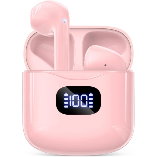 Langattomat kuulokkeet, Bluetooth 5.3 -kuulokkeet 40 tuntia soittoaikaa case, IPX5 vedenpitävät stereonappikuulokkeet mikrofonilla iOS Androidille Pink