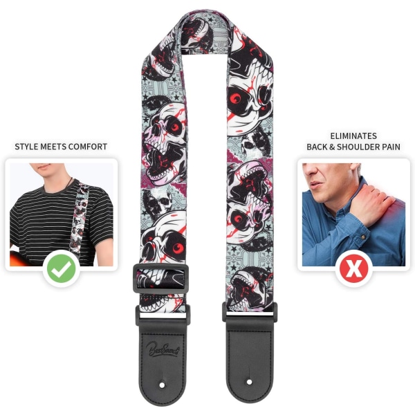 Skalle Guitar Strap med Läderändar - Axelslinga för Bas, El- och Akustiska Gitarrer - Perfekt Present till Män och Kvinnor Black Skull