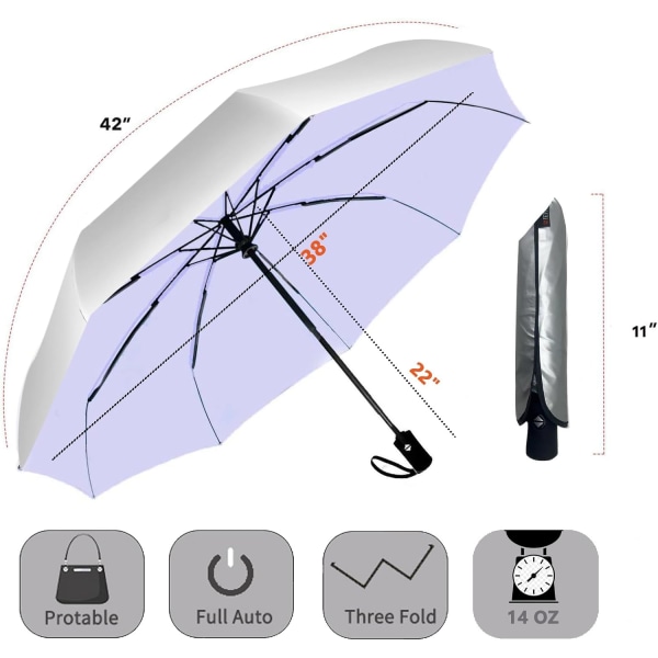 Vindtæt rejseparaply-automatiske paraplyer til regnkompakt foldeparaply, rejseparaply kompakt, små bærbare vindtætte paraplyer Silver/Purple