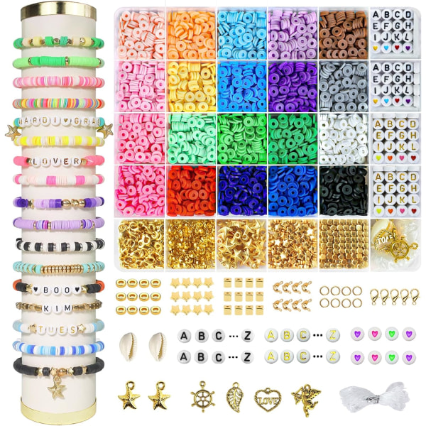 3400 Stk Lerperler Armbåndsfremstillingskit, Venskabsarmbånds Kit til Smykkefremstilling, Flade Polymer Heishi Perler med Charms, Gave Håndværkssæt til Pige 3400pcs