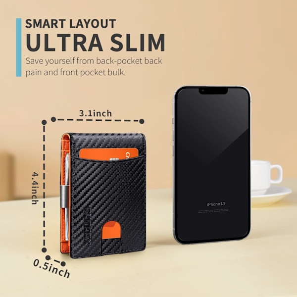 Smal Pengklämma Plånbok för Män RFID-Blockering 11 Kortplatser Minimalistisk Liten Läder Plånbok för Män Frontficka Presentask Carbon Black n Orange