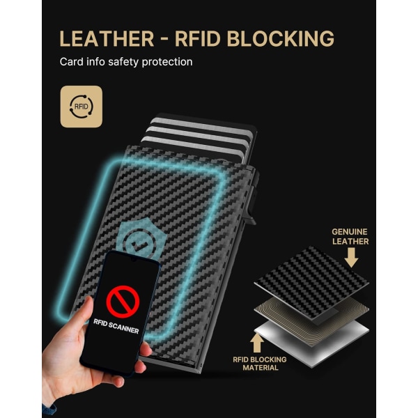Plånbokskorthållare för män: Pop Up- case i aluminium, äkta läder, smart, RFID-blockerande, smal, minimalistisk, främre ficka - 9-14 kortkapacitet | ID-fönster Carbon Fiber Black
