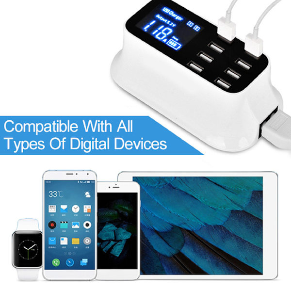 8 Ports USB Opladningsstation Hurtig Opladning Port USB Oplader Station med LED Display Skærm til Flere Enheder Smartphones Tablets 100‑240V EU Stik