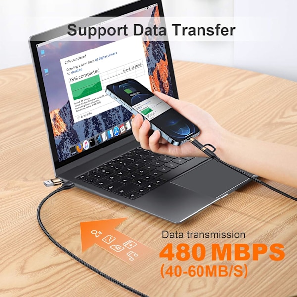 USB-C Multi Rask Ladingskabel PD 60W Nylonflettet Kabel 4-i-1 3A USB/C til Type C/Telefon Rask Synkronisering Laderadapter 1,2 meter