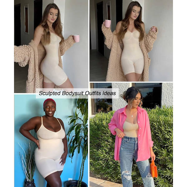 Shapewear Body til kvinder - Body Shaper med mavekontrol - Sømløs skulpturering - Snatched Waist Body Suit Beige Mid Thigh M
